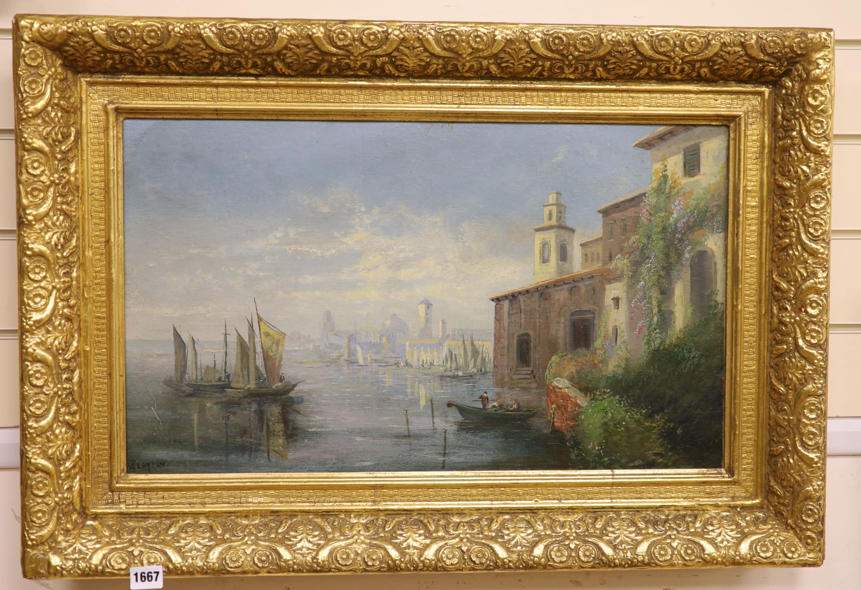 A. Clayton, oil on board, Eastern European harbour scene, signed, 36 x 61cm